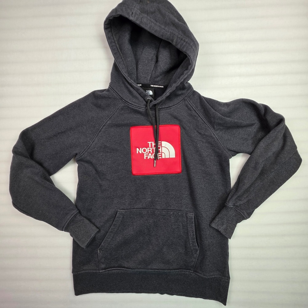 The North Face Womens Red Box Logo Hoodie Charcoal Grey Fleece Pullover XS